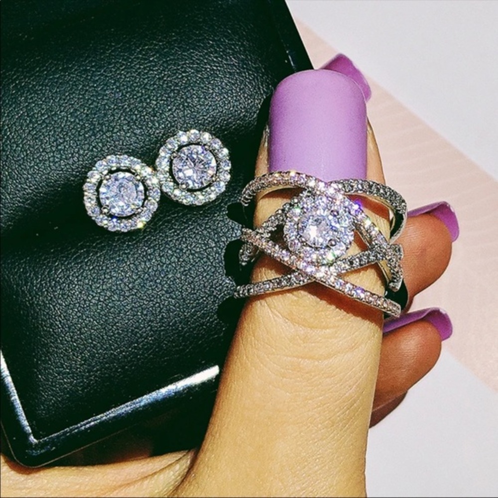 Two tone cross cross ring and earring set